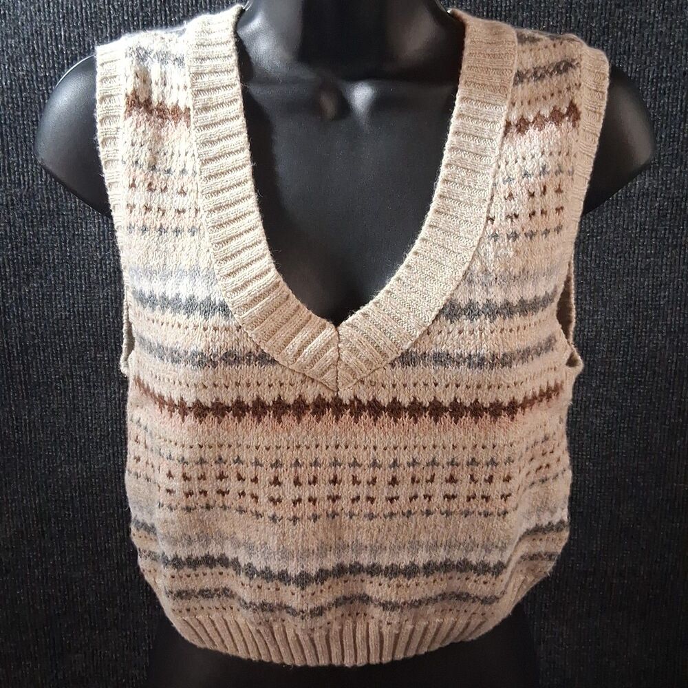 American Eagle Sweater Vest Small Cream Striped V-Neck Knit Cropped Boho AE